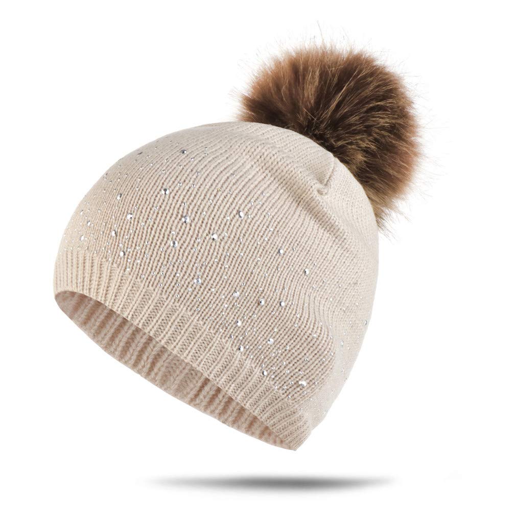 Sparkle Cable Knit Hat Pom Pom Beanie Skull Stocking Hat Cuff Beanie Cap for Ladies