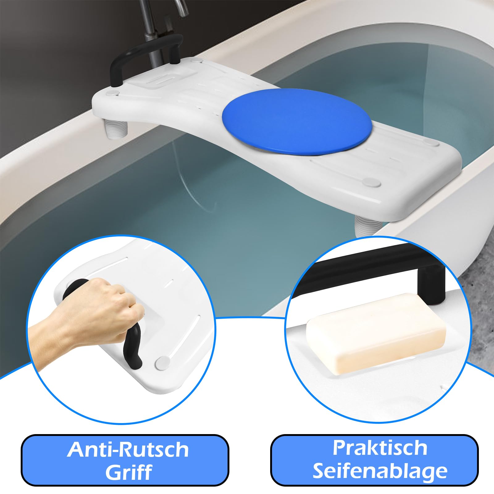 LZQ Badewannenbrett Badewannensitz Senioren mit 360º Drehscheibe, Schwarz Griff und Seifenablage, Einstellbar Wannensitz Sitzbrett für Badewanne für Erwachsene Tragkraft 150kg