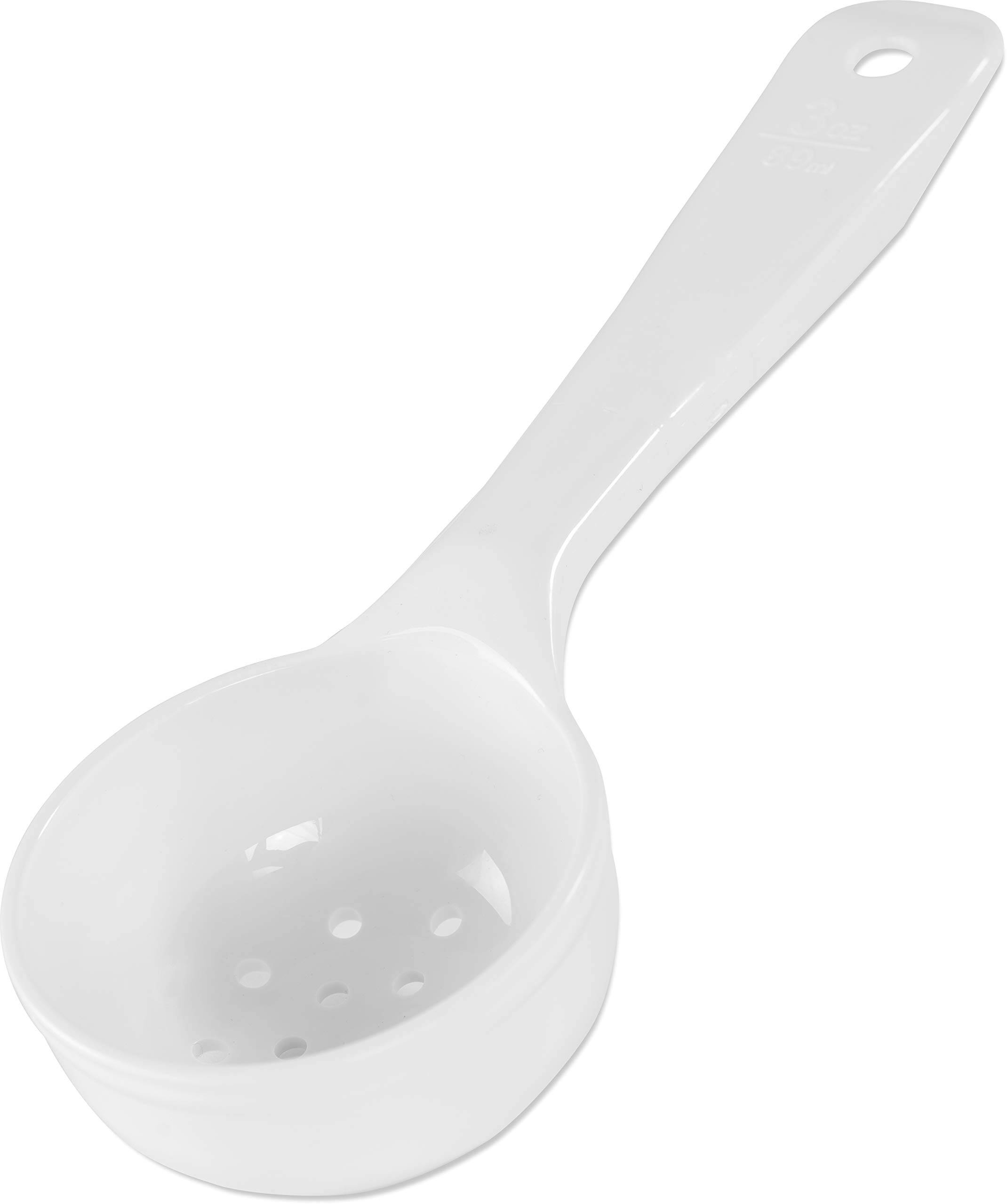Carlisle FoodService Products 8" 3 oz Perforated Portion Control Spoon – Short Handle spoon – Flat Bottom spoon, Dishwasher Compatible, White
