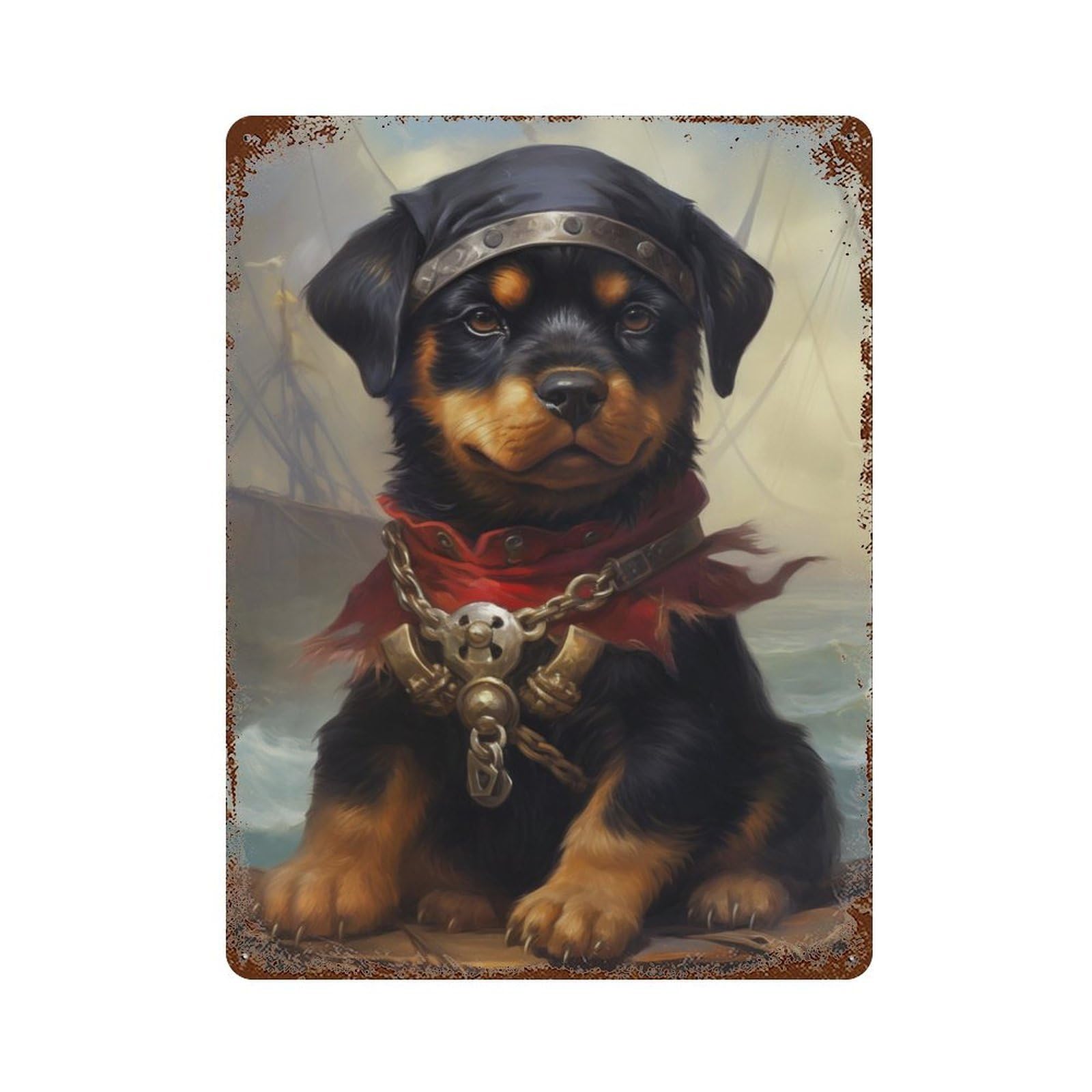 Rust Effect Puppy Pirate Distressed Metal Wall Sign 15.7"x11.8", Decorative Metal Wall Art for Living Room, Hallway And Home Decor