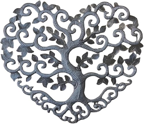 Hecho a mano Milagro metal corazón en forma de árbol, árbol de amor de amistad familiar, placa de metal haitiano para colgar en la pared 17 pulgadas