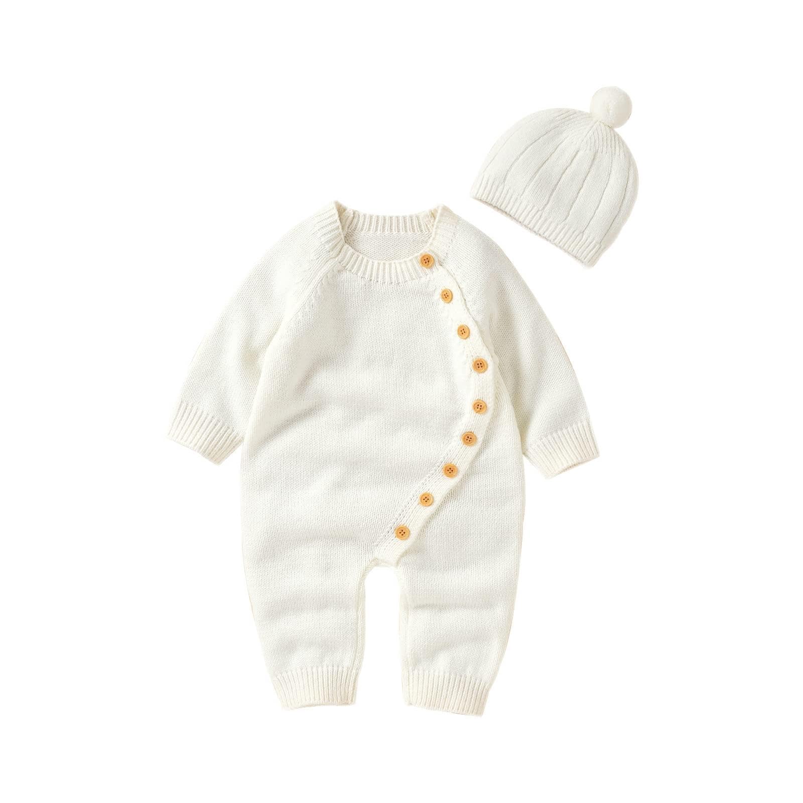 Geogenry Newborn Baby Girls Boys Sweater Jumpsuit Winter Knit Romper Clothes Button Solid Bodysuit Jumpsuit Hat 2pcs Outfit (Creamy White, 0-3 Months)