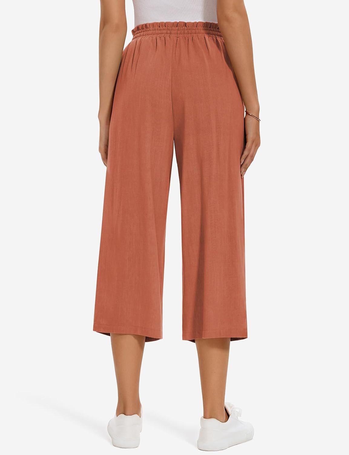 UEU Women's Linen Capris Wide Leg Ruffle High Waisted Pants Casual Drawstring Summer Loose Capri Pants with Pockets - Image 5