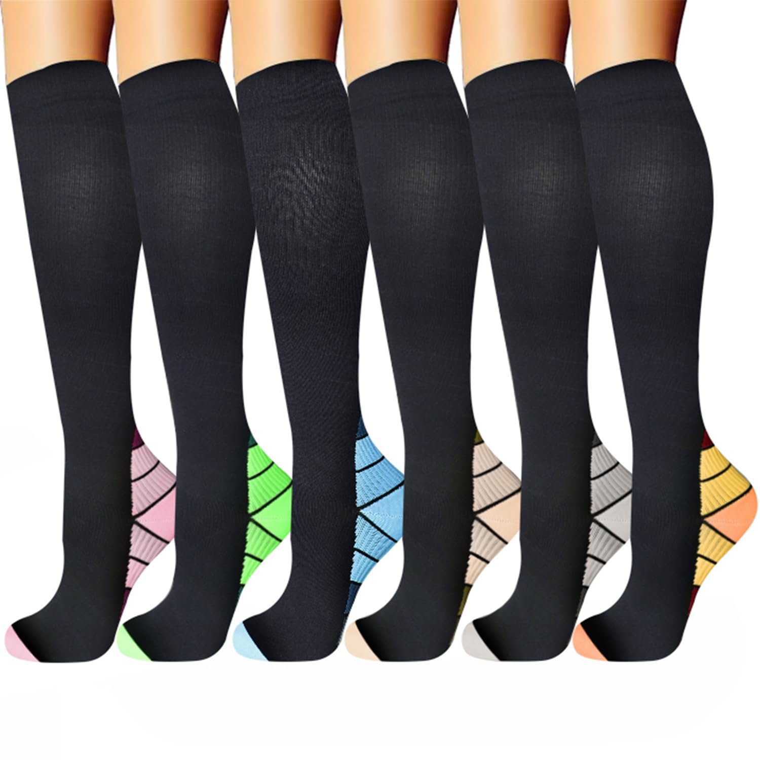 6 Pares Calcetines de Compresión para Mujeres y Hombres 15-20 mmHg Medias de Compresion Graduada Socks Protección Muscular Deporte Correr Vuelos Viajes Ciclismo Enfermeras Circulación