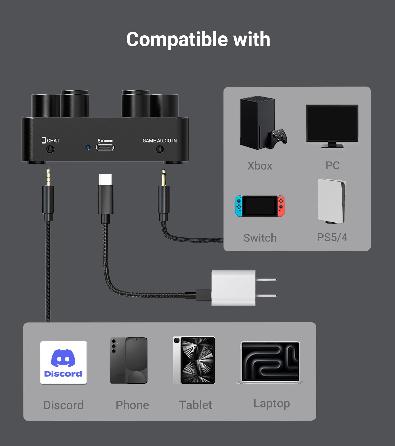 Cubilux Game Audio & Chat Mixer per Switch, PC, PS5, PS4, Xbox, Steam Deck, Discord – Mix Audio di Gioco e Chat Vocale, Uscita Doppia per Cuffie, Controllo Indipendente, Corpo in Alluminio