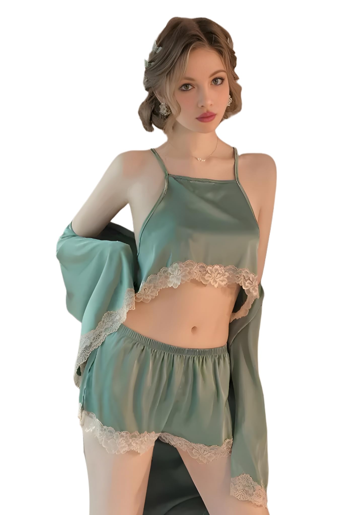Luxurious Satin Sleepwear Set with Lace Trim - Halter Top, Shorts, and Robe-image-24