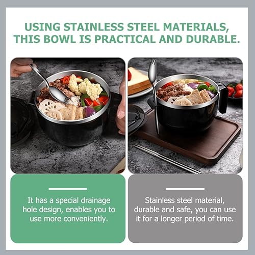 Miniatura 7 de LIFKOME Tazón de acero inoxidable para ramen con asa de tapa, 40 onzas, tazón grande de fideos instantáneos, ensaladera con cuchara para sopa,