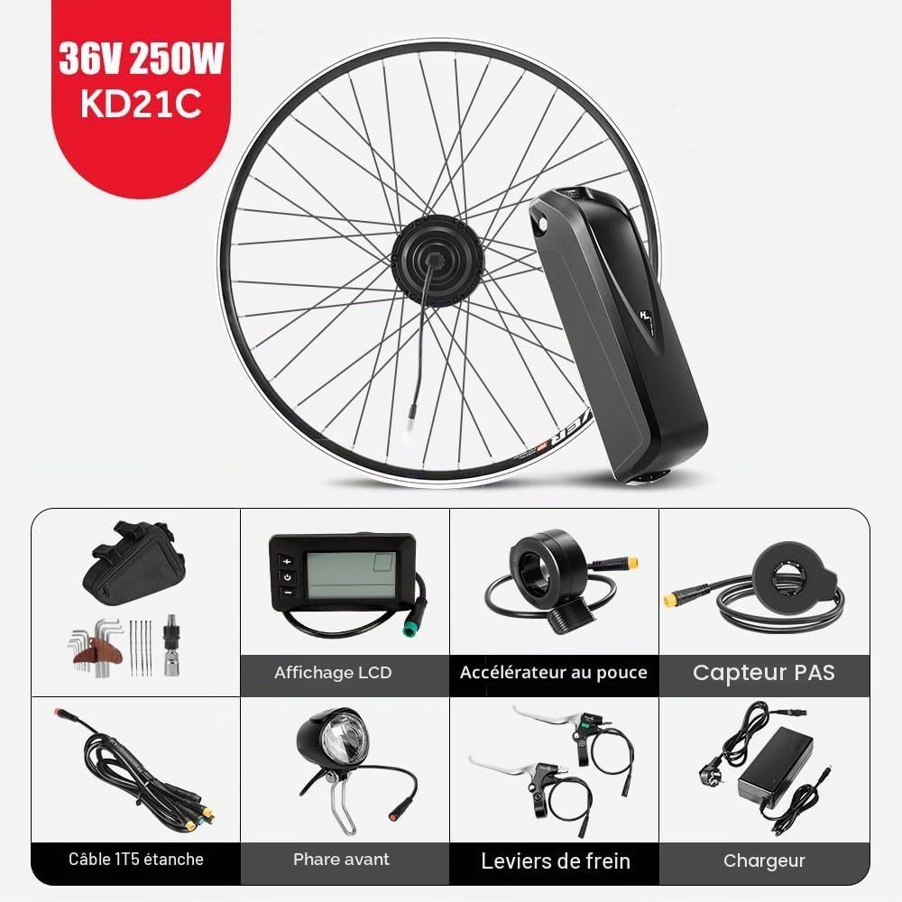 SEASON Ebike Kit de Conversion Vélo électrique 26 Pouces/28 Pouces Moteur Avant 36V 250W Contrôleur intégré avec Batterie 36V 13Ah/15.6Ah/18Ah et Chargeur