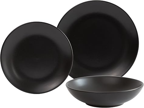 Stoneware Dinnerware Set. Dishes for 4. Plates and Bowls Set. Microwave Safe. Platos de Cocina. Kitchen Plates Black
