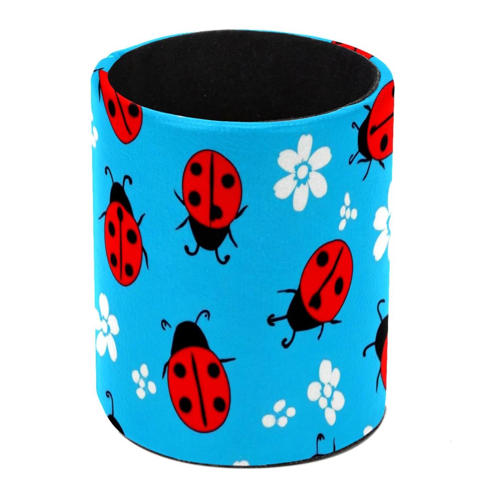 HEOEH Daisy Ladybug Pen Holder for Desk, PU Leather Pencil Holder Pen Cup Marker Holder Makeup Brush Holders, Desk Accessories & Workspace Organizers for Home, Office