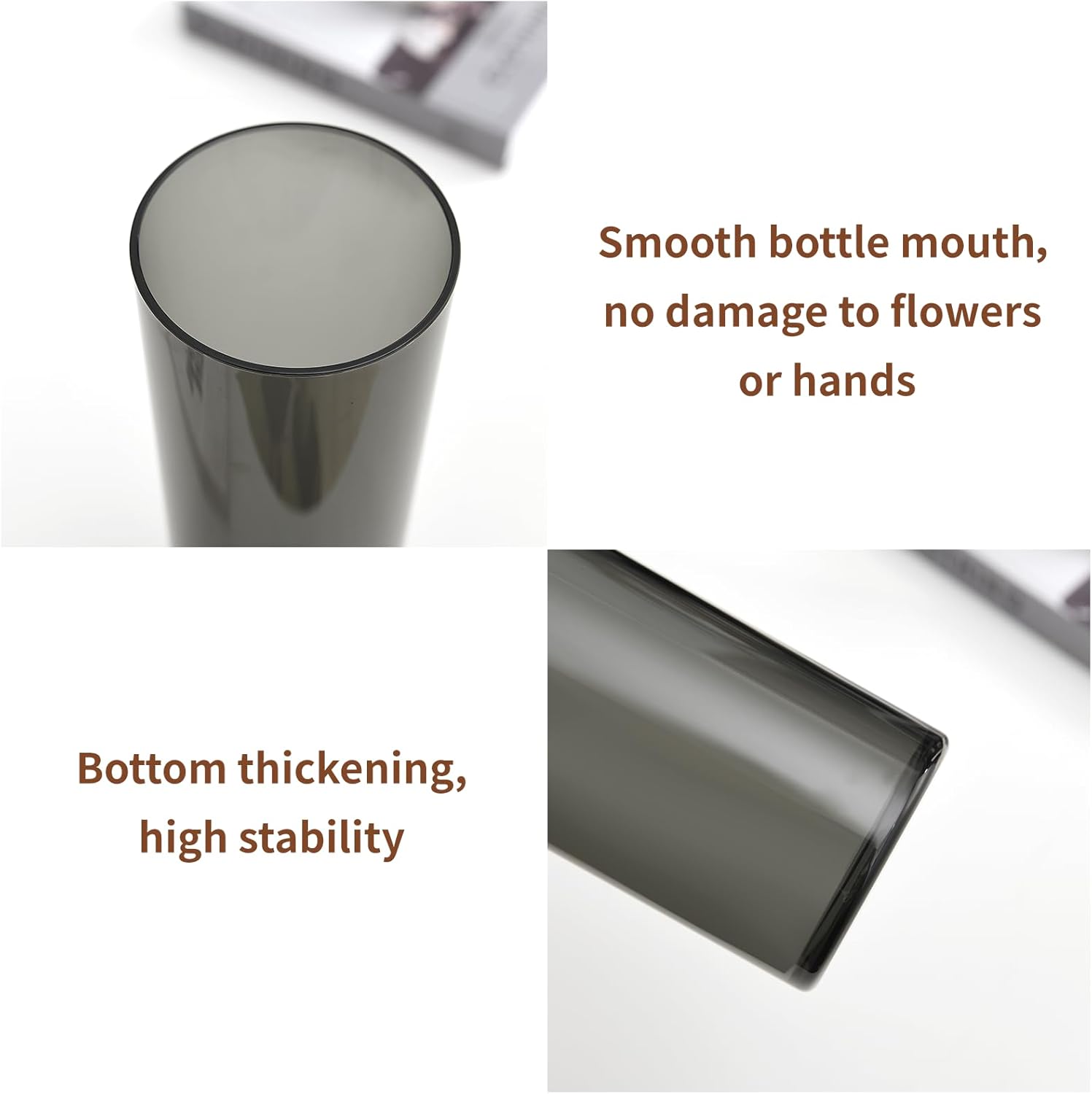 Flower Vase, Non-breakable Vases, 6" W x 16" H, Acrylic Grey Vase, Aesthetic Room Decor Cylindrical Modern Flower Vases for Table Centerpiece, Home Decor, Women Floral Arrangement Gift