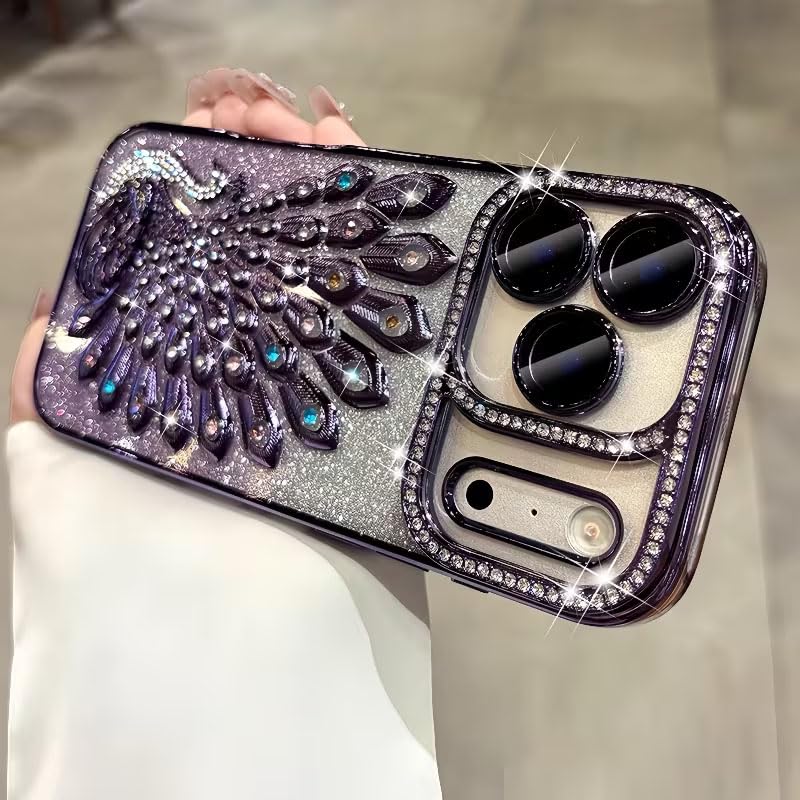 Image of mobistyle Designed for iPhone 17 Pro,3D Diamond Luxury Electroplate Glitter Peacock Tail Bling Design Camera Protection Shockproof Phone Back Cover Case for (Purple, iPhone 17 Pro)