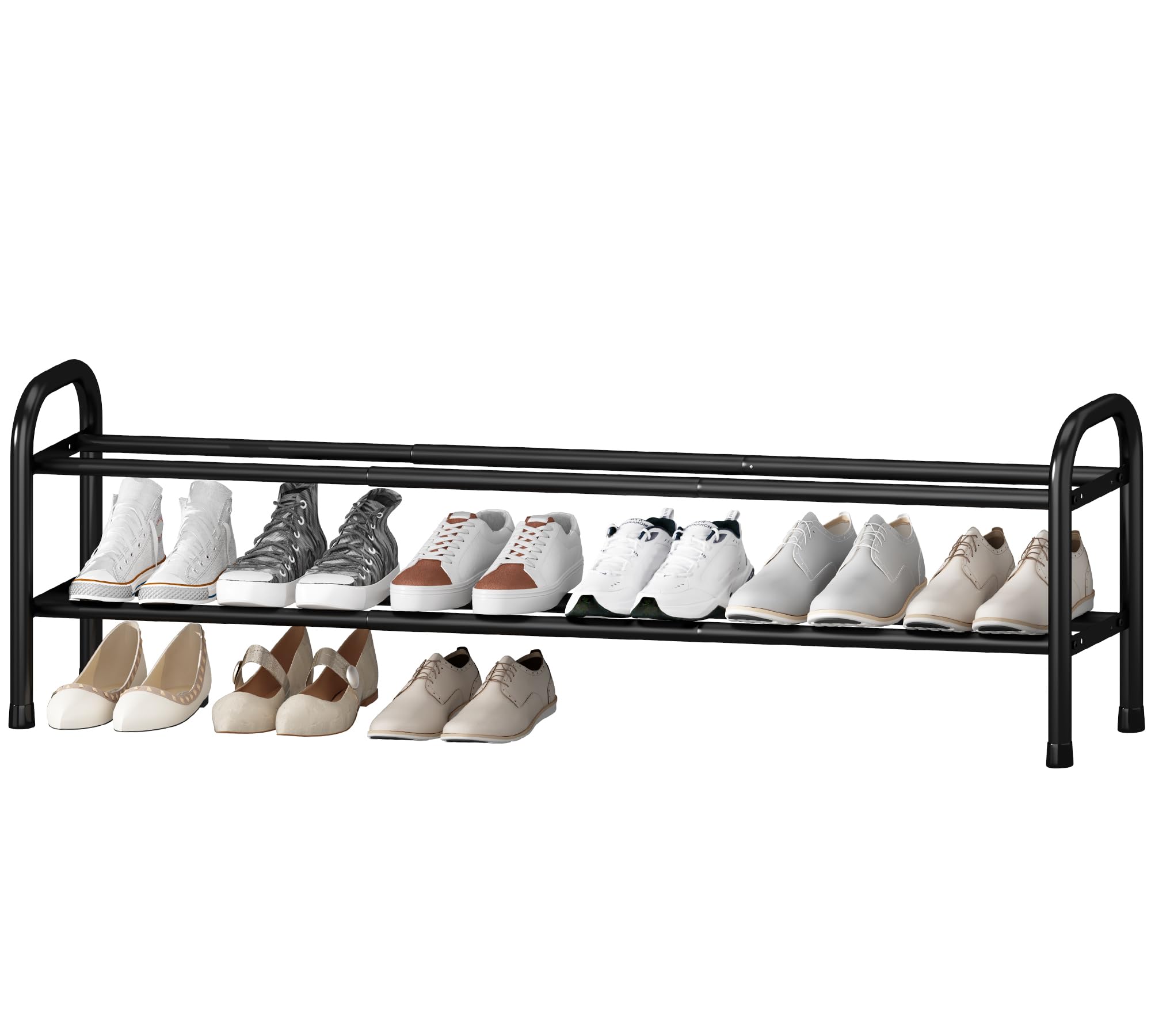 STO STO Long Expandable Shoe Rack 2-Tier, Adjustable Length 33.7”–47.5” Shoe Organizer, Metal Shoes Storage Shelf, Holds Up to 18 Pairs, Non-Slip Feet