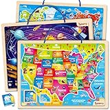 SYNARRY Large USA World Solar System Wooden Magnetic Puzzles for Kids Ages 4-6, Wood Puzzles Educational Games Toys Gifts for Toddlers, United States World Planet Space Map for Boys Girls Ages 3-5 4-8