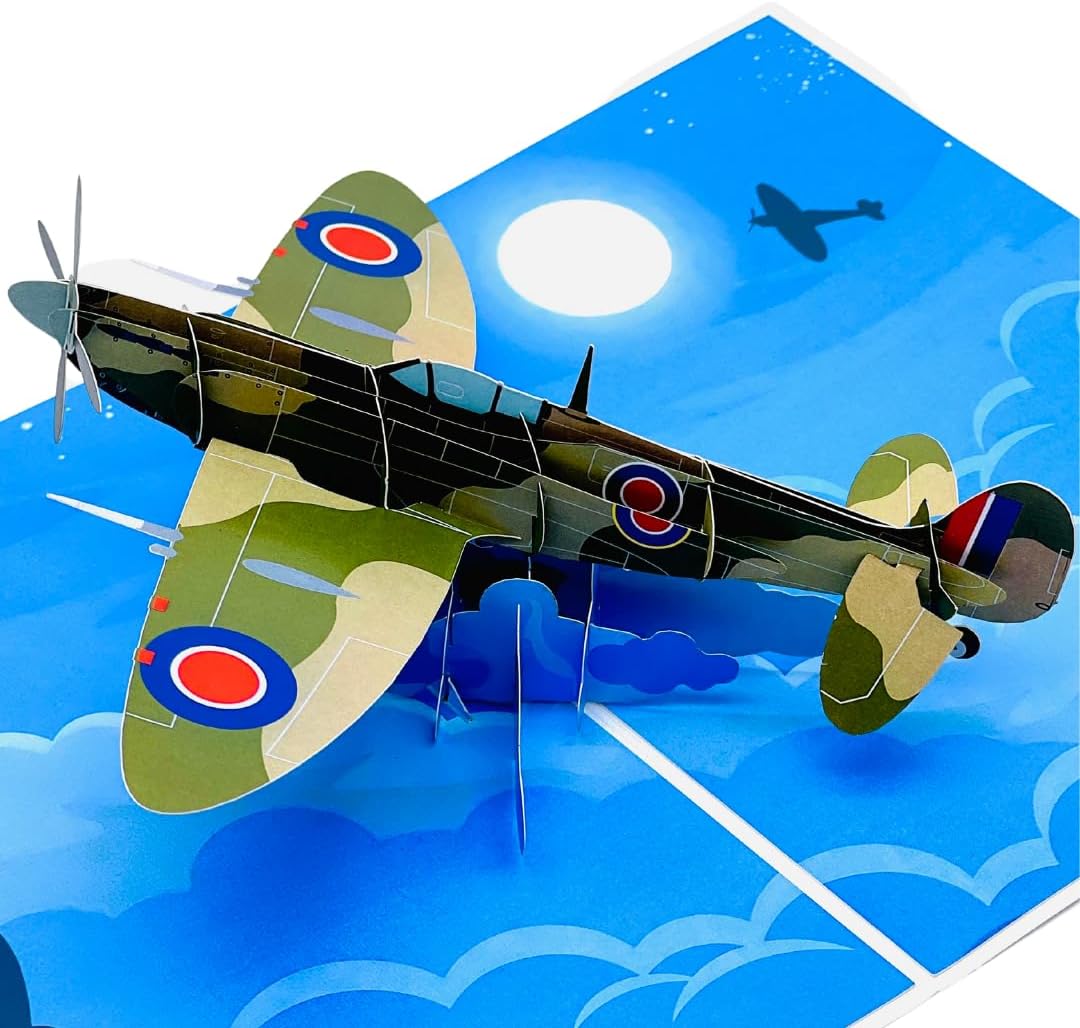 Spitfire Pop Up Greeting Card - 3D Aviation Birthday for Men Husband Dad Fathers Day Pop-up Vintage WW2 Aircraft Theme for Him Plane Enthusiasts Pilots Grandad and Airplane Lovers