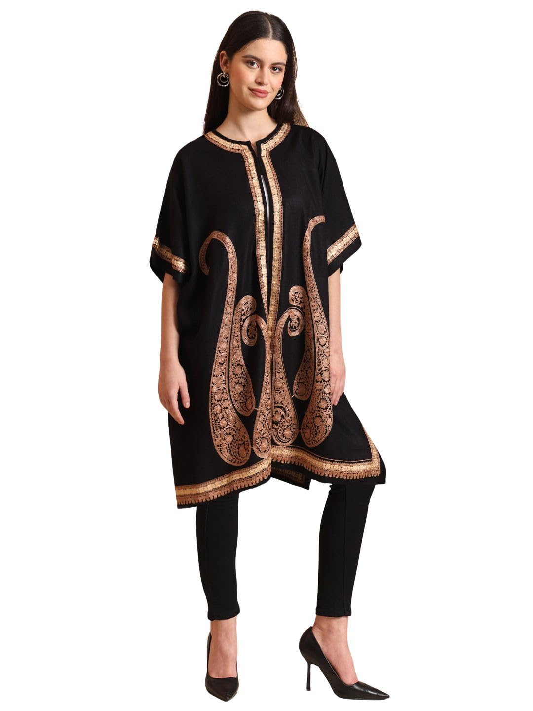 zamour Kashmiri Aari Embroidered Pheran Shrug for Women with Big Paisleys, Handcrafted Woolen Poncho (IN, Alpha, Free Size, Regular, Black2)-picture-11