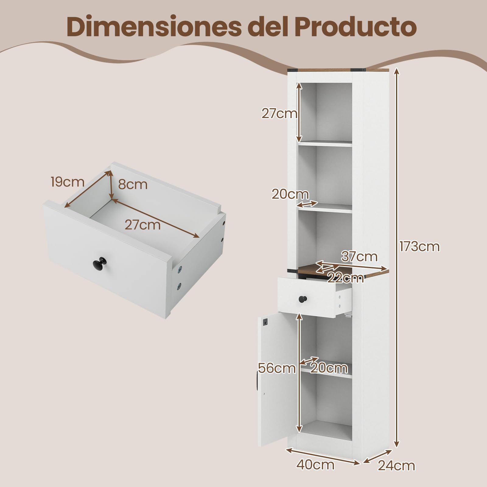 GIANTEX Armario Alto de Baño de 173 cm, Mueble Columna con 3 Estantes, Cajón y Armario Inferior, Estante Ajustable, 40 x 24 x 173 cm, Mueble Organizador para Cocina, Salón