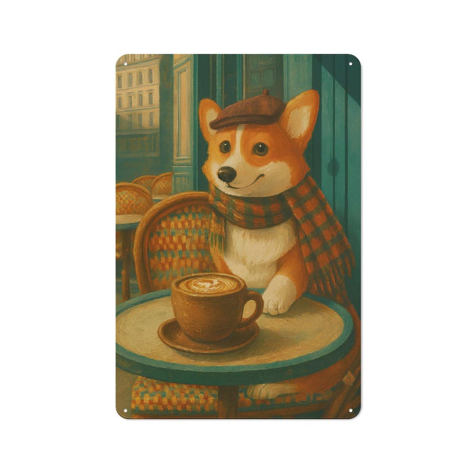 Nostalgic Decorative Tin Plaque 30x20cm Featuring Corgi at Parisian Cafe with Coffee, Classic Pub Decor for Cafe, Pub, Workshop Or Home Bar