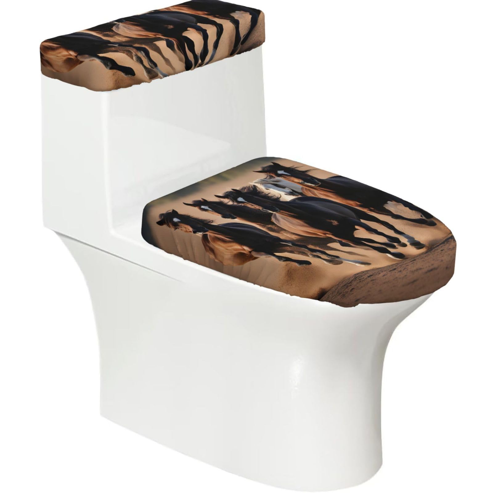 Flghjnbjn Black Running Horses Printed Toilet Tank And Lid Cover Set Of 2 For Most Bathrooms, Fits Elongated Round Toilets