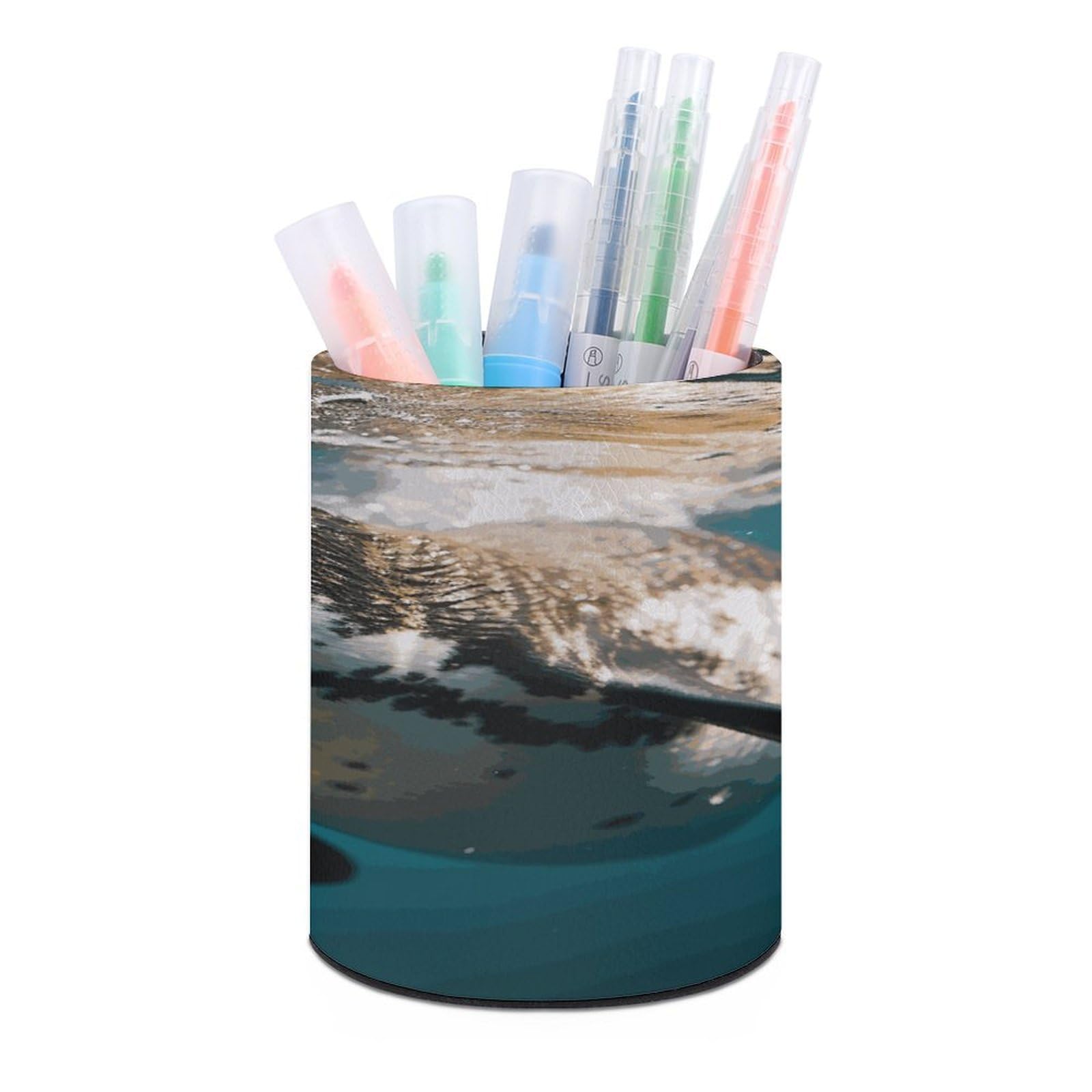 JTREHY Penguin Swimming in The Ocean Pen Holder Round Pen Pencil Holder Makeup Brush Holders Cup PU Leather Pencil Cups Desktop Caddy Stationery Organizer Case Office Accessories Container Box