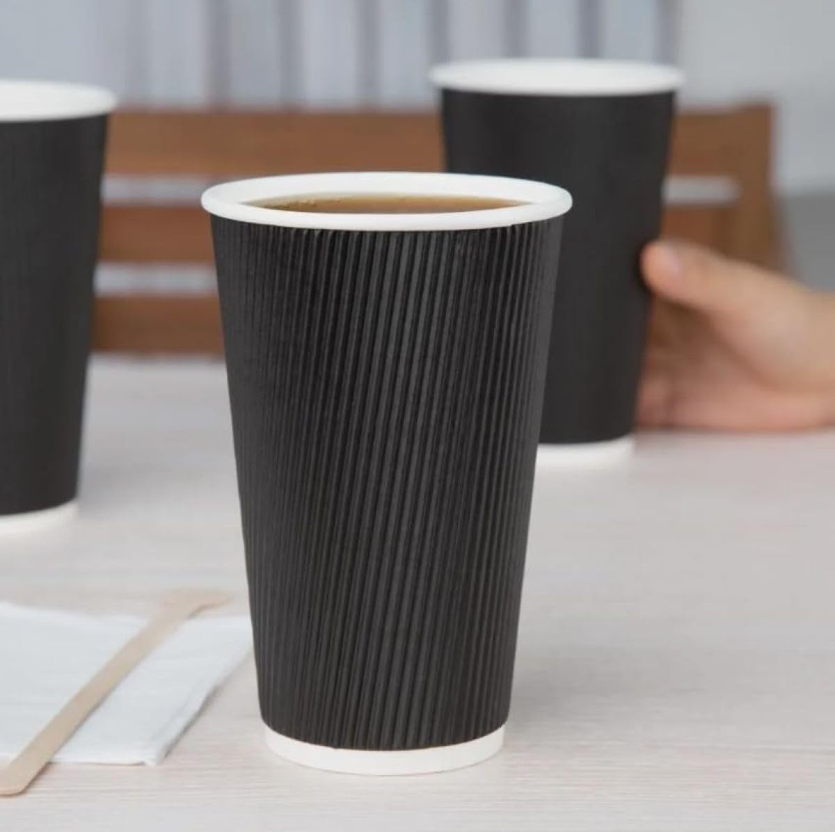 HOT BARGAINS Triple Wall Black Paper Coffee Cups, 16oz/460ml Disposable Ripple Cups for Hot and Cold Drinks, Pack of 100