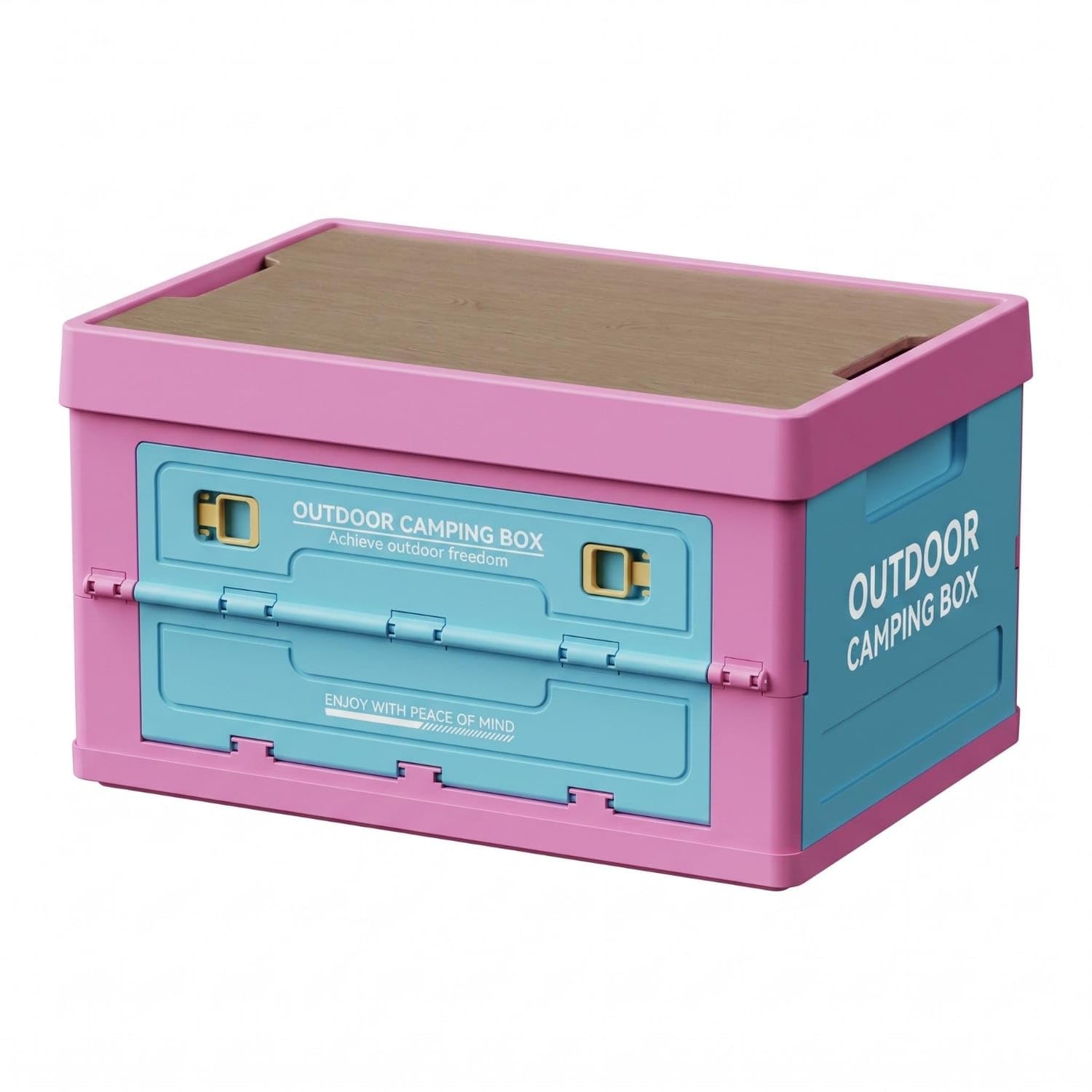 Wood-Look Lid Foldable Storage Box Five-Side Opening Collapsible Storage Box Latch Closures Stackable Tote Crate Hard Shape for Camping, Picnic Organization, Blue Pink, L 5-Door-image-21
