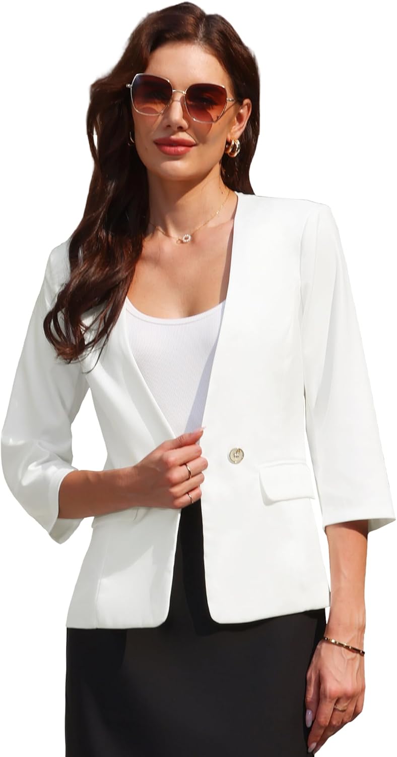 Women's Collarless Blazer Business Work 3/4 Sleeve 1 Button Suit