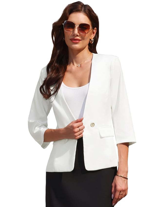 Womens Collarless Blazer Business Work 3 4 Sleeve 1 Button Suit