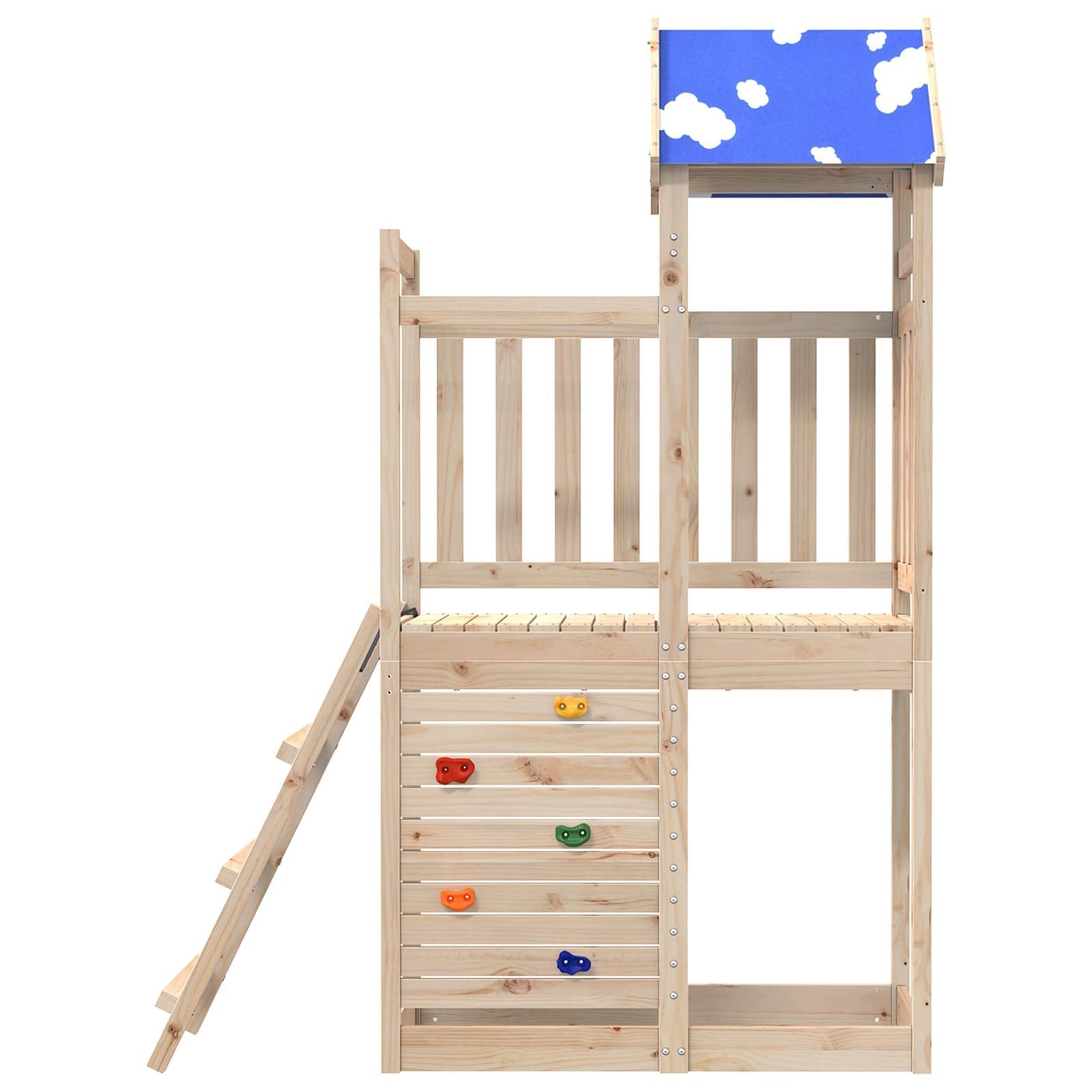 Brązowa wieża do zabawy, 110,5 x 52,5 x 215 cm, wykonana z litego drewna sosnowego, do ogrodu, dla dzieci, na zewnątrz, ze zjeżdżalnią, werandą, oknem, wspinaczką, piaskownicą, dla chłopców i