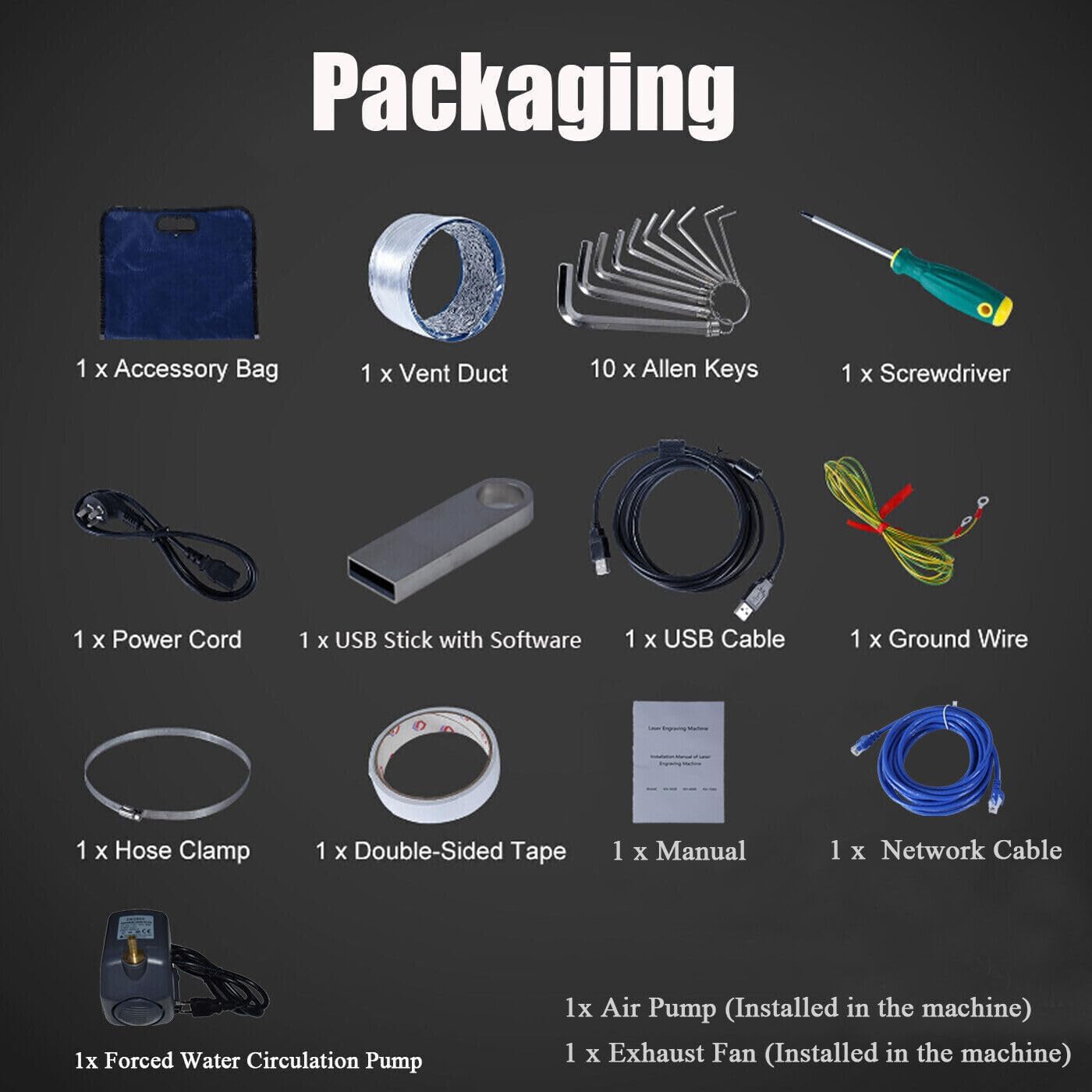 Image showing all included accessories: Accessory Bag, Vent Duct, Allen Keys, Screwdriver, Power Cord, USB Stick with Software, USB Cable, Ground Wire, Hose Clamp, Double-Sided Tape, Manual, Network Cable, Air Pump, Forced Water Circulation Pump, Exhaust Fan.