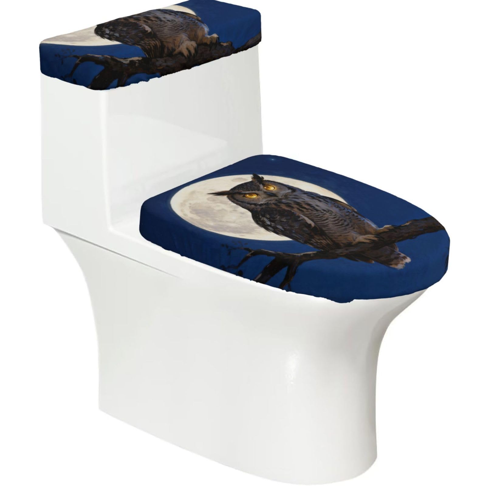 Cntdbu Black Owl Moon Night Stretchy Toilet Lid And Tank Cover Set-Soft Elastic Bathroom Decor For U Shape Oval