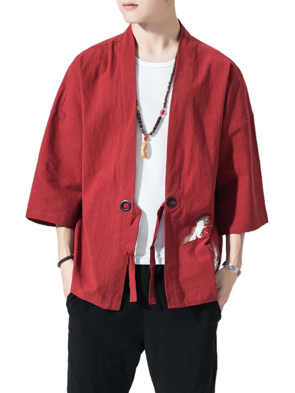 Men's Japanese Kimono Cardigan Loose Cotton Linen 3/4 Sleeve Open Front Casual Summer Shirt Jackets