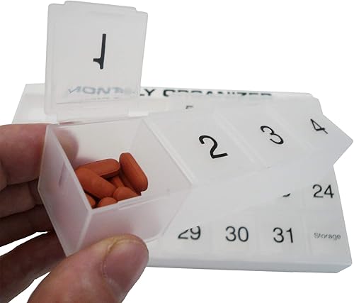 Miniatura 8 de Organizador de pastillas de 31 días  1 por día, 4 semanas, 31 compartimentos + organizador de pastillas mensual con almacenamiento  Incluye bandeja