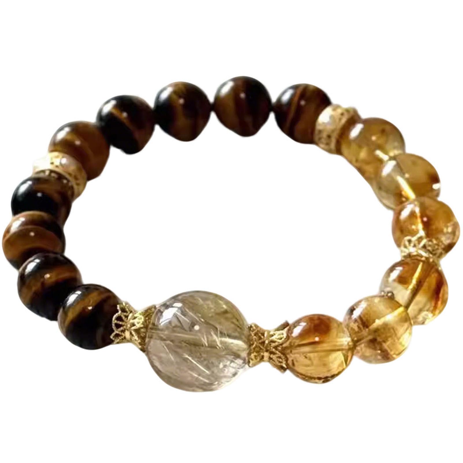 Bracciale con Perline Chakra con Cristalli di Pietra preziosa Occhio di Tigre, Perline di Cristallo Naturale Quarzo rutilato Dorato Perline di Pietra Lisce Rotonde Lucide, Perline,10MM