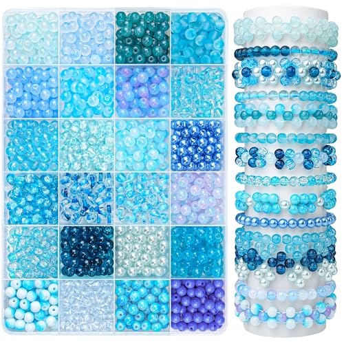 1200PCS 6mm Blue Glass Beads for Bracelets 24 Colors Crystal Beads Bracelets Making Kit and Jewelry Making Round Blue Ocean Sea Beads for Friendship Bracelets Earring Necklace DIY Crafts