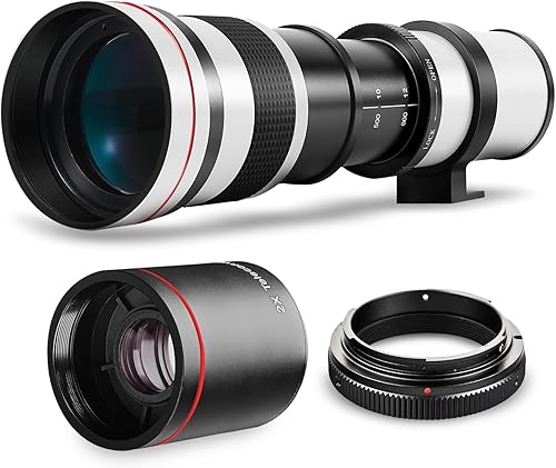 Lente de zoom manual de alta potencia 16.535-62.992 in f8.3 HD para cámaras Canon EOS 80D, 90D, Rebel T3, T5, T7, 70D, 5D, 6D II, 7D II BLANCO