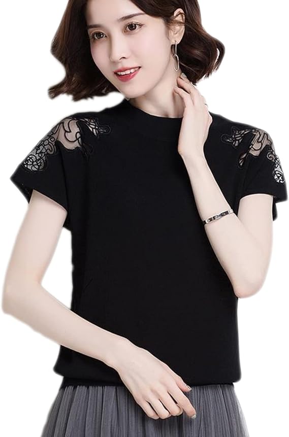 Amazon レース 半袖 M シャツ ブラウス レディース 春 夏 レース Uvカット トップス 半袖 冷房対策 シアー感 キレイめ レーストップス エレガント シンプル オフィス フォーマル おしゃれ ブラウス きれいめ 黒 トップス シャツ ブラウス 通販