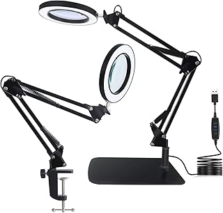 Dotlite 10x Magnifying Glass with Light and Stand, 2 in 1 Clamp Flex Magnifying Lamp, Adjustable Swivel Arm, 3 Color Modes LED Magnifier Desk Lamp for Reading Crafts Repair Workbench (Black)