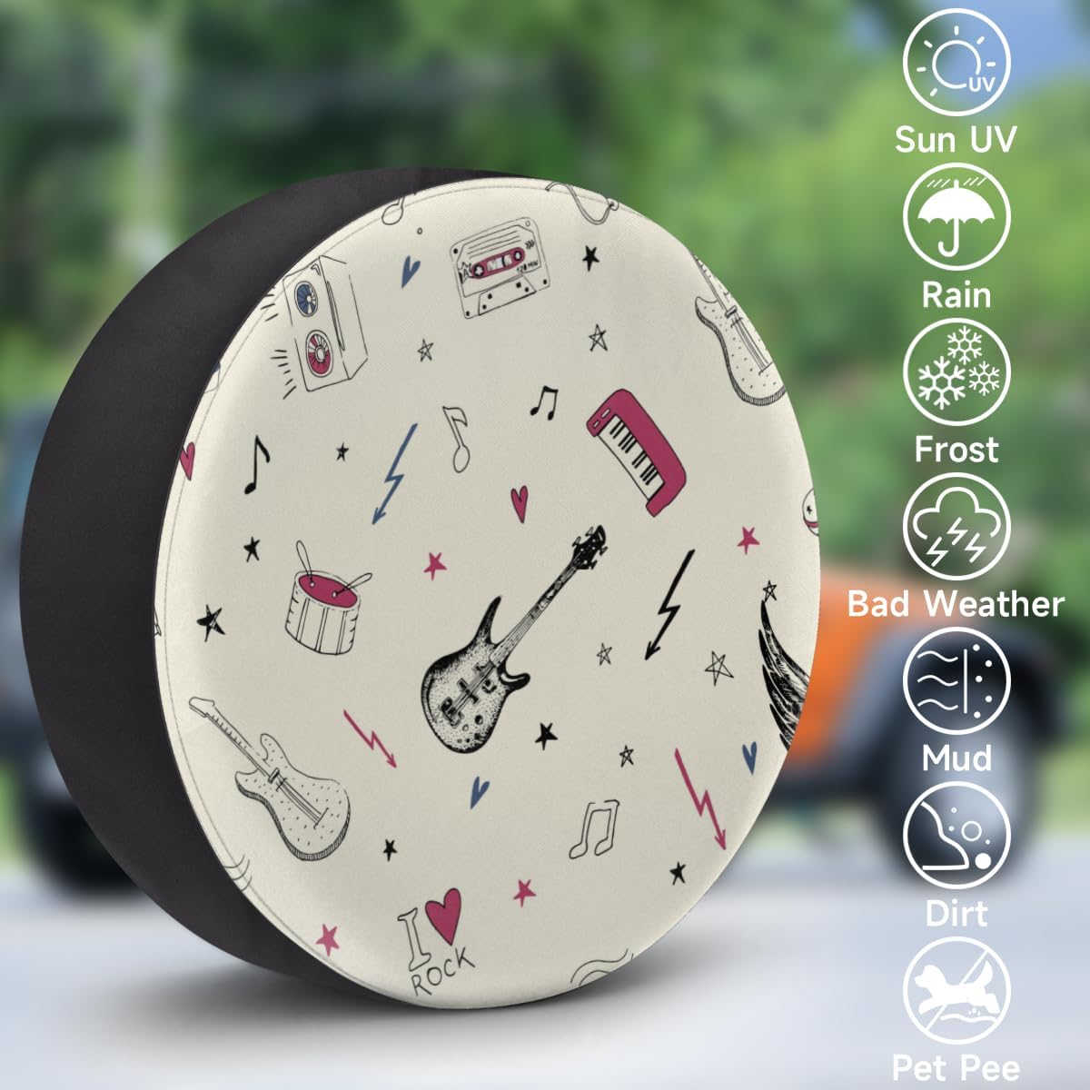 Cartoon Guitar Tire Covers Portable Spare Tire Cover Soft Durable Waterproof Dustproof Set of 4 Bags 15 Inches for Car Truck SUV Trailer Camper