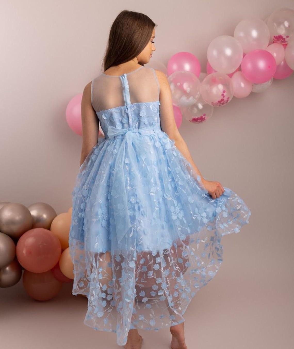 SIRRI Vestido Floral para niñas con superposición Transparente y Bordado Ocasiones Especiales