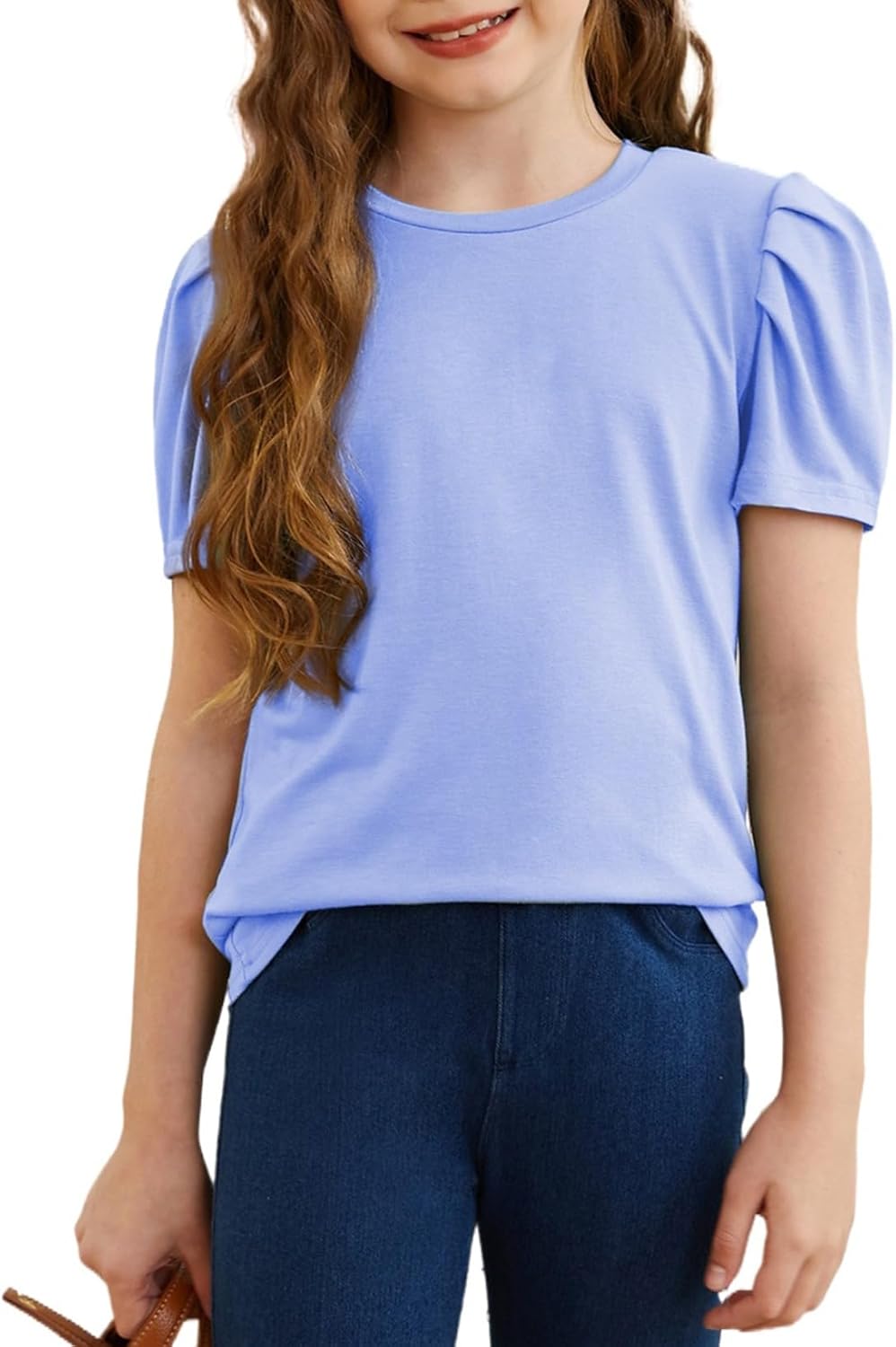 blibean Tween Girls Puff Sleeve Shirts Summer Cute Tops Size 4-13 Years Old 10-11 Years E Sky Blue