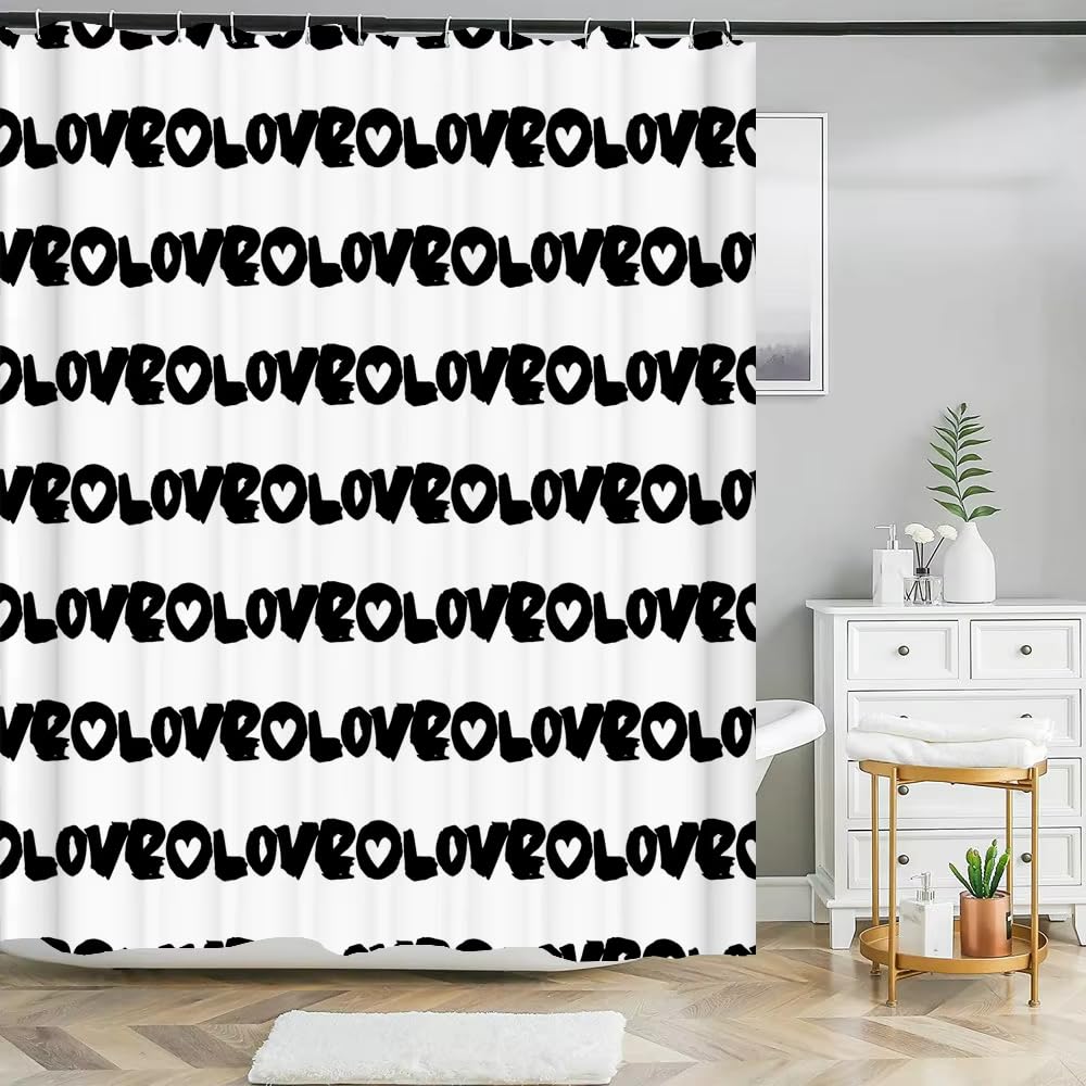 Cortina de Ducha con Estampado de Letras Love, Impermeable, de Poliéster, para Baño, Tela Lavable, decoración del Hogar con Ganchos, Blanco y Negro, 200An x 200Al cm (1 Paneles)