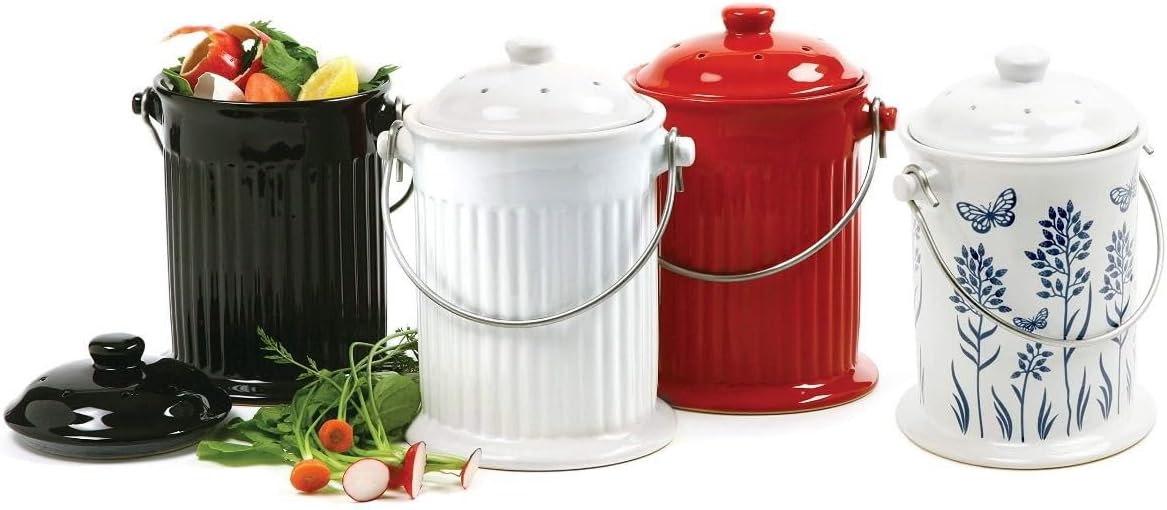 Frontier Natural Products Co-op 223693 Culinary Accessories Cleaning Solutions Ceramic Floral Blue Compost Keeper 8 x 10