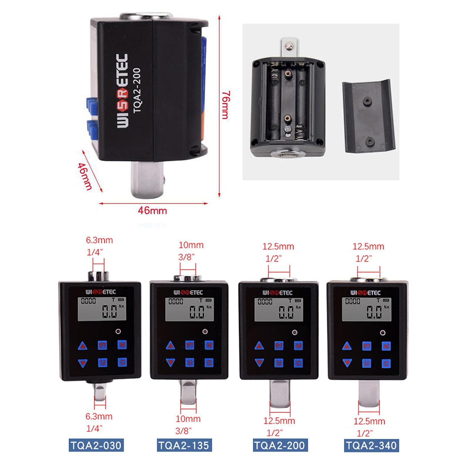 Adaptador de par de ángulo Digital de 0,3-340 N.M, herramienta de pantalla Digital electrónica, medidor de medición de torsión de acero para, TQA2-030