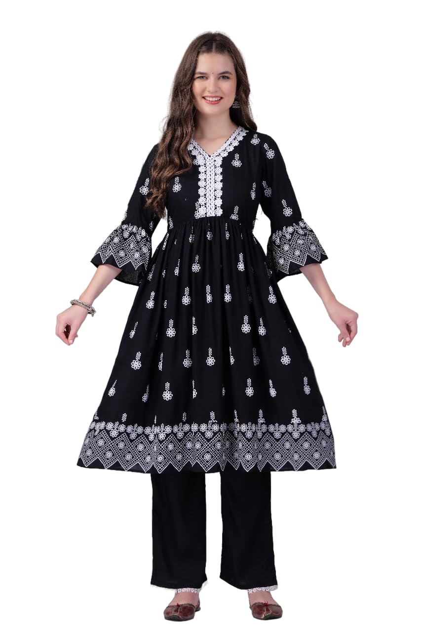 GenericDivyanshi Garments Women's Rayon Floral Kurta and Palazzo Set (Black)