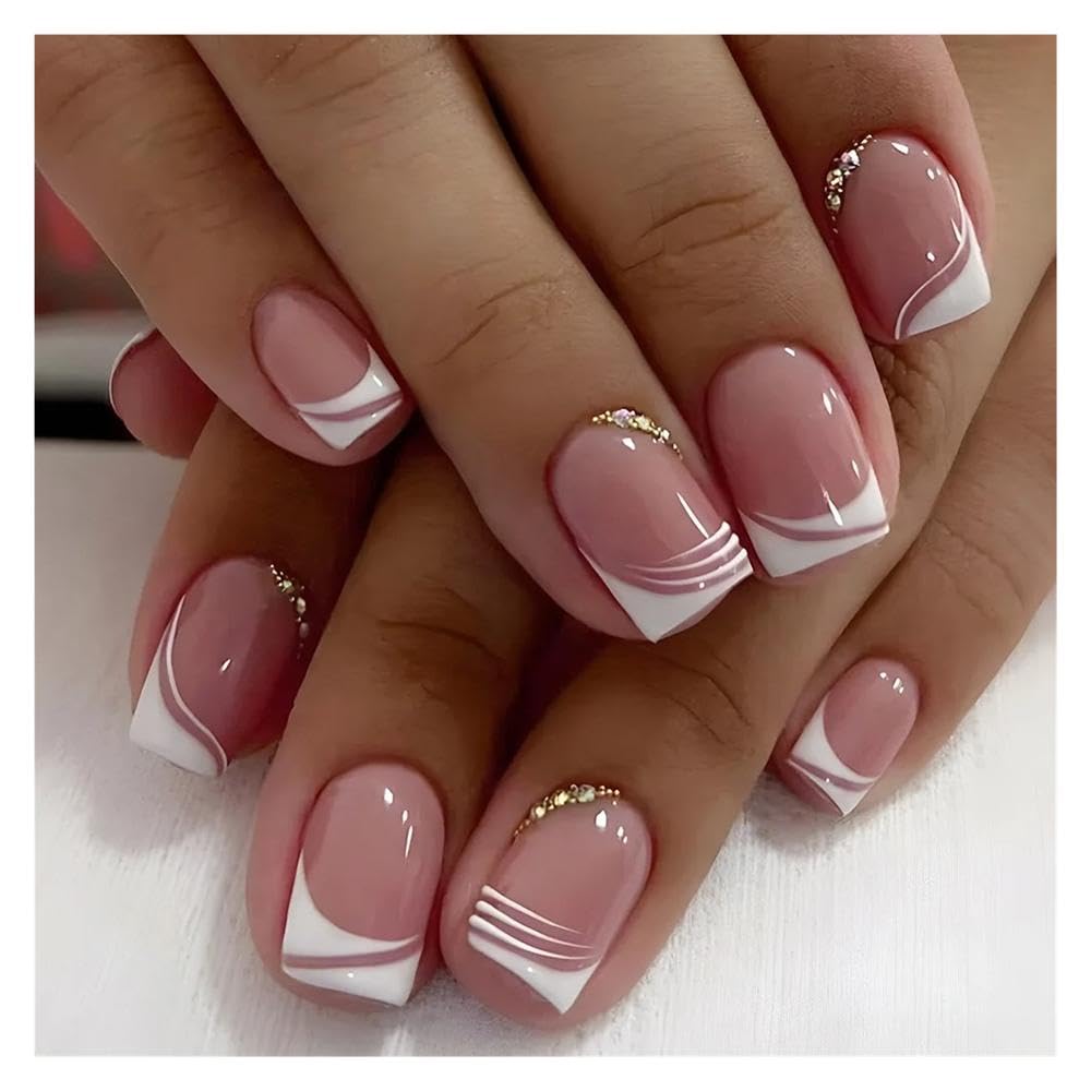 24pcs Full Cover False Nail Pink Glitter Wearable French Short Square Head Press On Nails DIY Manicure(Y4)