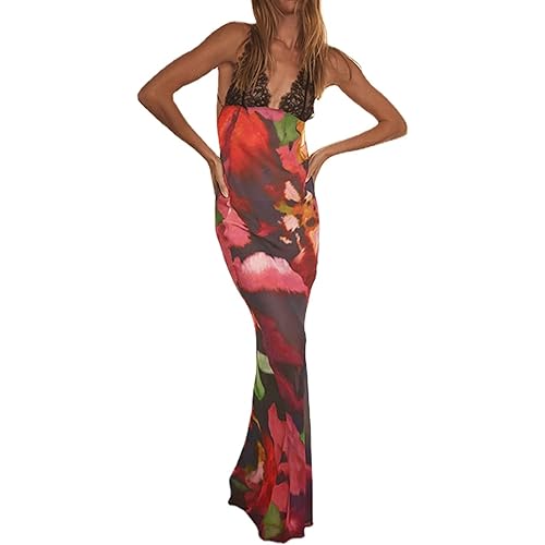 XPONNI Y2k Dress Backless Maxi Dresses for Women, Red Tie Dye Dress with Lace Strap, Sexy Party Dress Clubwear Summer