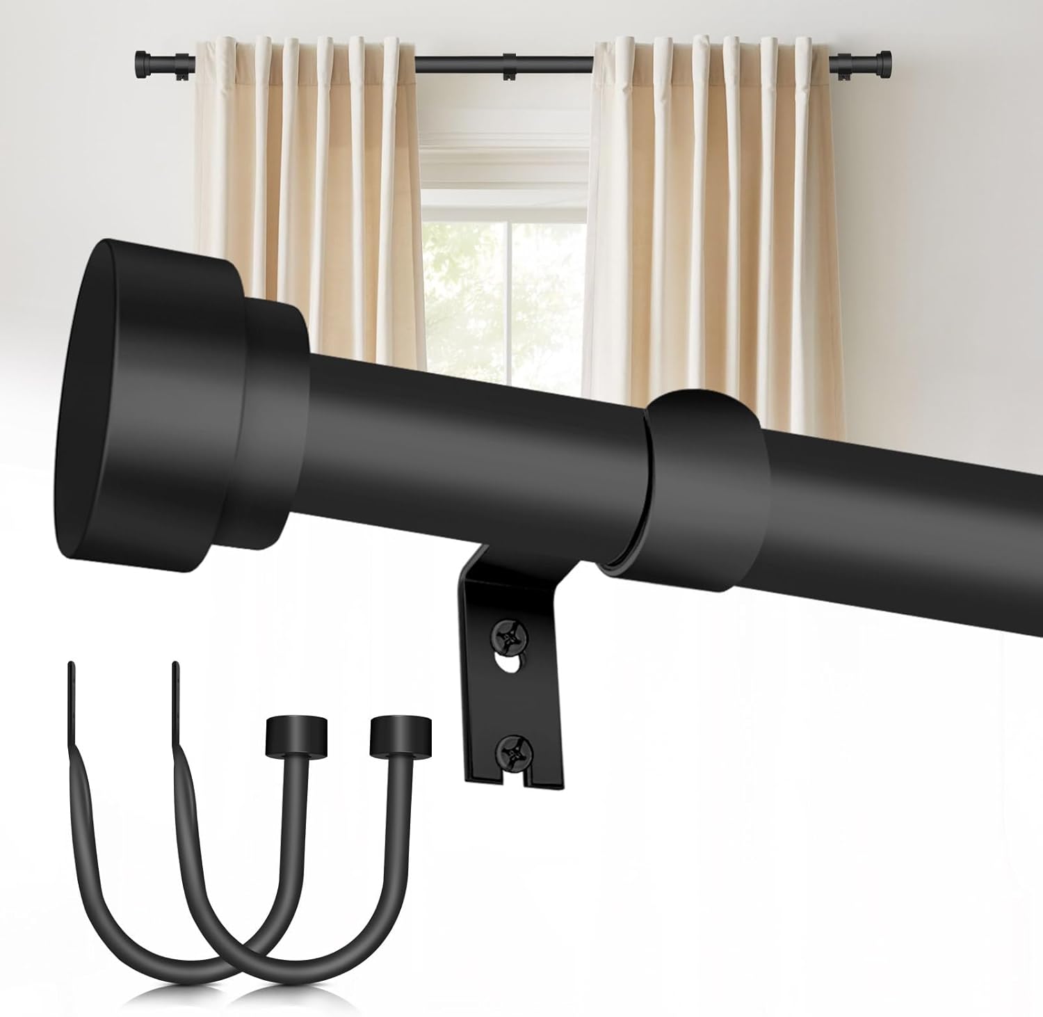 Curtain Rod with 2pcs Curtain Holdbacks, HIKAN Matte Black