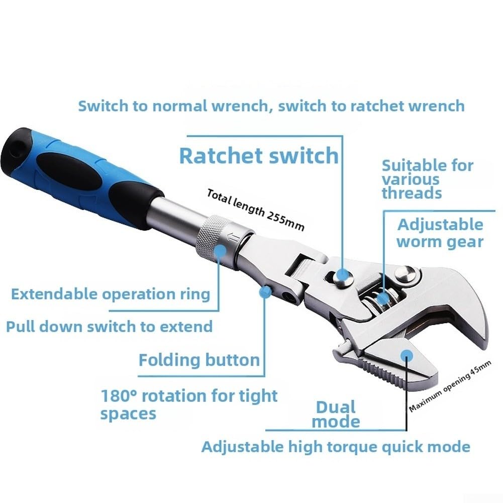 Clé à molette, 25,4 cm, 5 en 1, avec tête rotative à 180°, outil de plomberie extensible pour CVC (A)