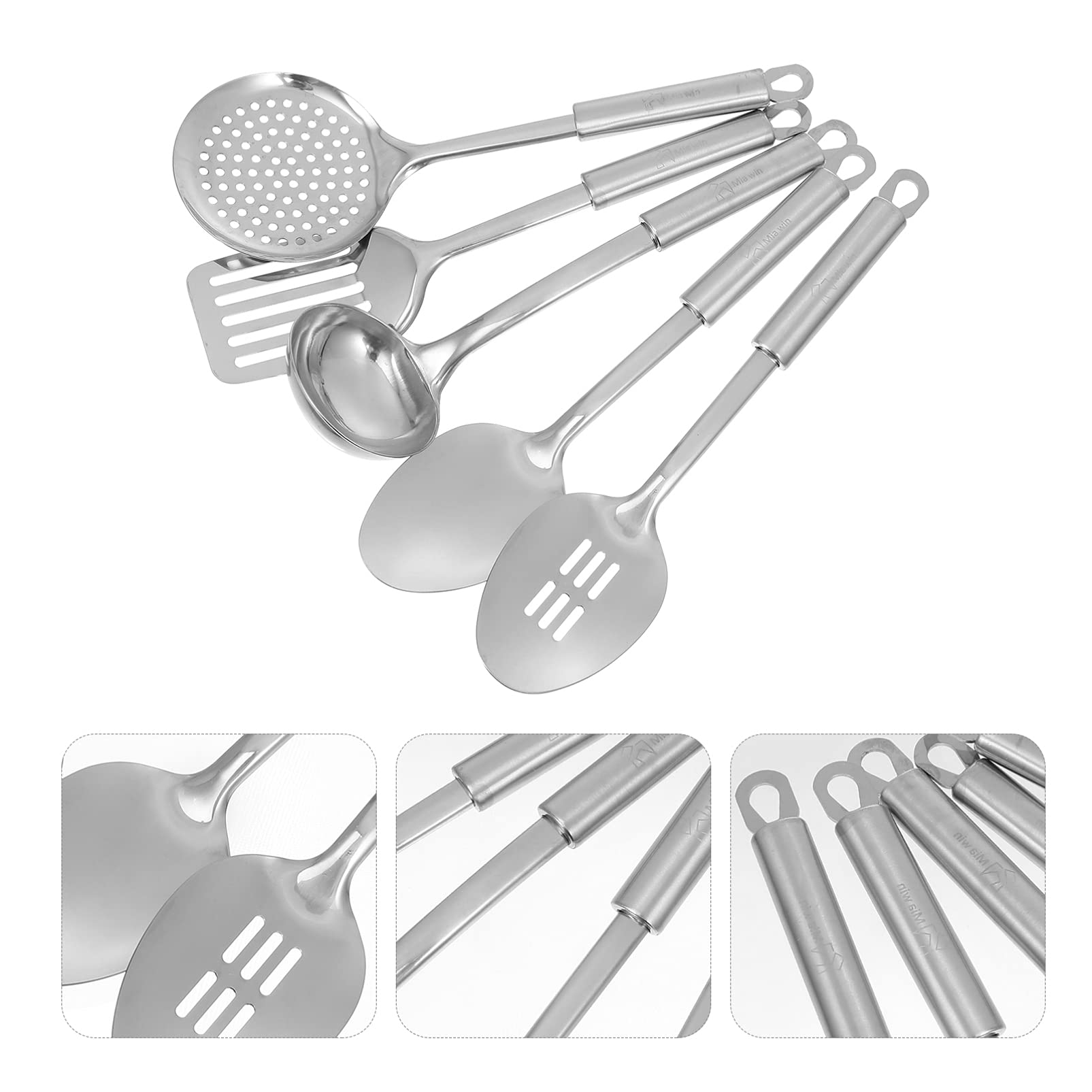 1 Set 5-tlg. Edelstahl-Utensilien aus Stahl für Zuhause, Küche, Wender, Skimmer mit silbernem Spatel, Utensilien zum Frittieren mit Schlitzen, zum Backen von Kochgeschirr, Hitze-Gadgets, Seifenschau